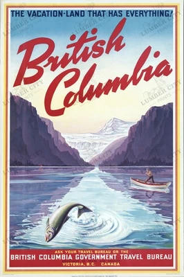 Impresión de arte de pared póster de viaje vintage de pesca de Canadá de Columbia Británica 1947 Foto 1 de 4