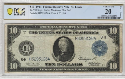 Fr.932 1914 St. Louis $10 Federal Reserve Note PCGS VF 20 Details - Image 1 of 2