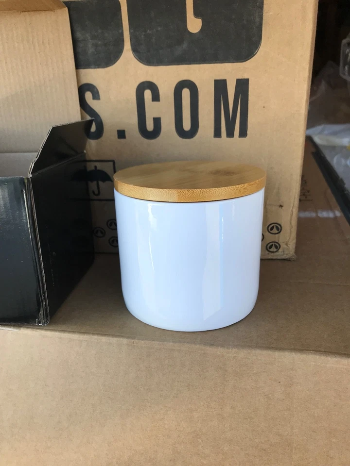 16oz Ceramic Sublimation Candle Jars / Storage Jar with Bamboo Lids - Case of 23 - Image 1 of 4