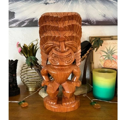 Estatueta estátua tiki de madeira esculpida à mão decoração tribal havaiana 12"" - Imagem 1 de 4