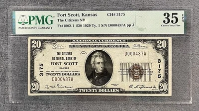 1929 $20 The Citizens NB of Fort Scott, KS Fr.1802-1 CH#3175 PMG 35 - Image 1 of 2