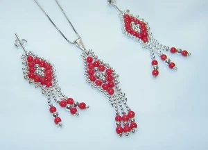 collana orecchini corallo parure completo argento 925 donna rombi naturale rosso - Foto 1 di 1