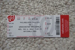 WASHINGTON NATIONALS VS PHILLIES 6/4/2014 BOLETO COMPLETO ~ MAYBERRY/RENDON HRs - Imagen 1 de 1