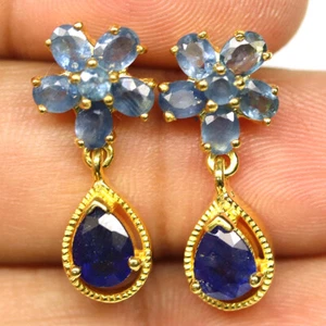 925 Plata Ley Azul Zafiro Pendientes 18K Oro - Imagen 1 de 4
