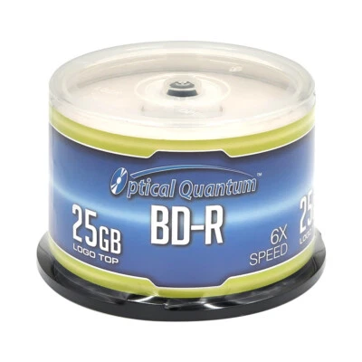 50 Optical Quantum 6x 25GB Blue Blu-ray BD-R Logo Top Disc cake box OQBDR06LT-50 - Image 1 of 4