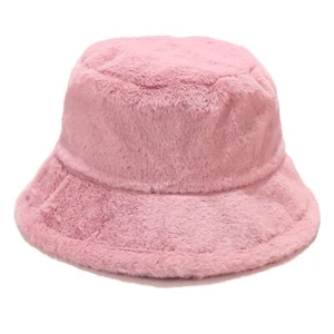 Winter Faux Fur Fuzzy Bucket Hat Fluffy Warm Hat for Women Men Plain Pink - Picture 1 of 6