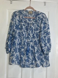 Elie Tahari Top Womens XXL Blue White Floral Pintuck Tassel Baloon Sleeve Blouse - Picture 1 of 10