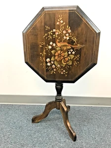 vintage Wood Octagon Shaped Tilt Top Pedestal Table wi Bird Floral Scene 24"x18" - Picture 1 of 14