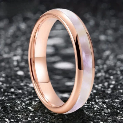 4MM Men Women Tungsten Carbide Ring Pink Seashells Inlay Dome Polished Ring Band - Image 1 of 4