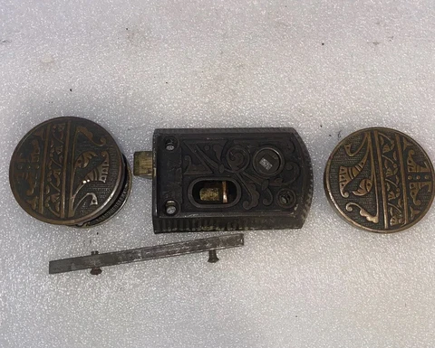 Antique EastLake" Ornate Cast Iron Rim Lock Set, c1890's  Reading hardware Co Cover