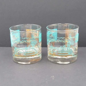 Vasos Lowball Southern Comfort Steamboat de colección 2 azules y dorados libbey MCM - Imagen 1 de 5