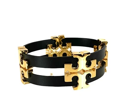 Auténtico NUEVO Impresionante Brazalete Tory Burch Negro Serif T Cuero Apilado Negro/Dorado Foto 1 de 4