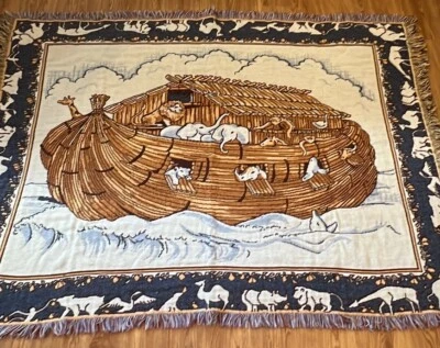 "De colección Religioso Arca de Noé Animales en Barco Sobre Agua Manta con Flecos 68x45""" Foto 1 de 4