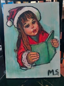 SINGING SANTA LITTLE GIRL OIL ON CANVAS SIGNED - Picture 1 of 4
