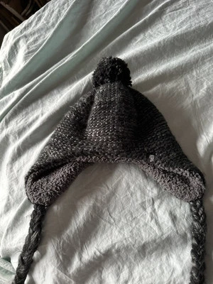 Northface Hat Ear Flaps Knit Lined PomPom Black Gray Size Med Skiing Hiking Warm - Image 1 of 4