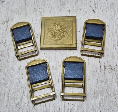 Vintage Dollhouse Renwal Folding Card Table AND 4 Chairs BLUE GOLD Plastic Set - Image 1 of 3