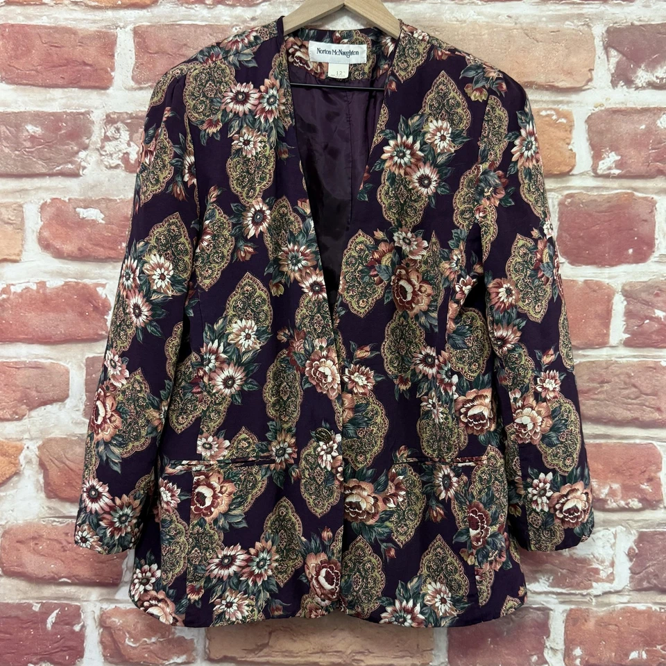 Blazer De Colección Norton McNaughton Mujer 12 Borgoña Multicolor Boho Floral Chaqueta Foto 1 de 4