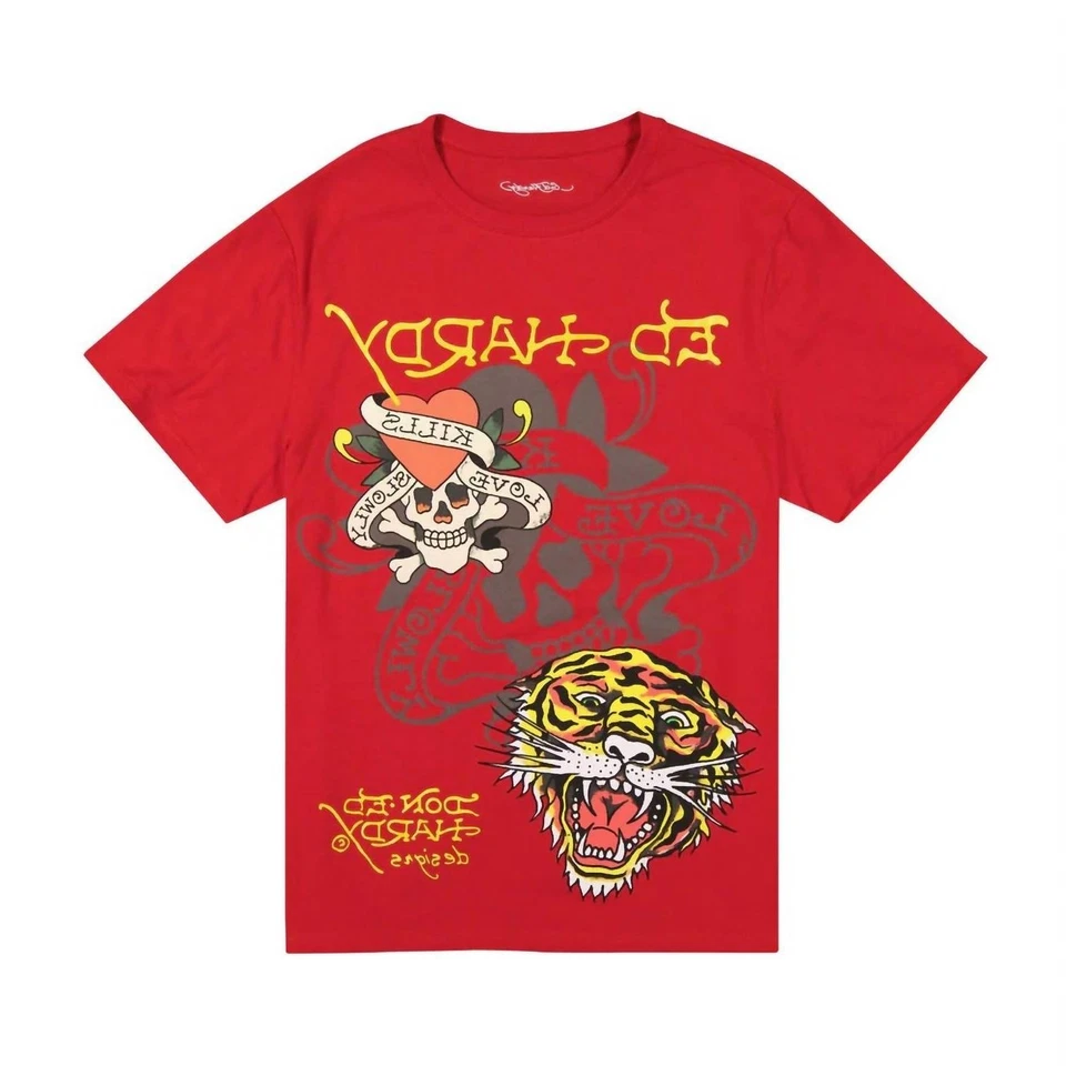 Мужская футболка с несколькими татуировками Ed Hardy Tiger Skull красная - Изображение 1 из 1