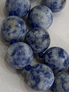 Vtg Gemstone Bead Necklace Blue Denim Speckled Sodalite Stone Knotted 3/8”d 38”L - Picture 1 of 11