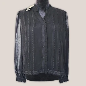 NWT Adrianna Papell Black Button Up Blouse Ruffle Long Sleeve Top | Sz Large - Picture 1 of 6