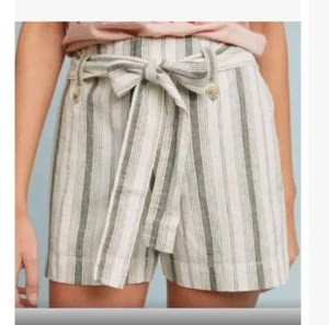 Anthropologie women's 12 Tie belt waist stripes linen blend olive green Shorts - Picture 1 of 9