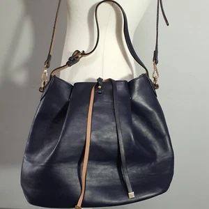 WAREHOUSE Large Hobo Shopper Bag PU Multiway Tote Shoulder Navy Blue Tan Trim - Picture 1 of 24