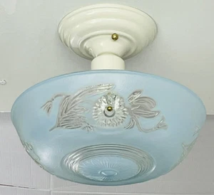 Vtg Art Deco Semi Flush Mount Glass Ceiling Light Turquoise Blue 20s 30s 40s 50s - Picture 1 of 21