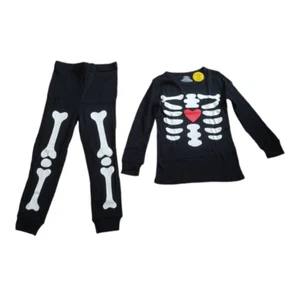 2 Piece Girl's Pajama Set Glow in the Dark Skeleton Heart Bones Holiday Winter - Picture 1 of 3