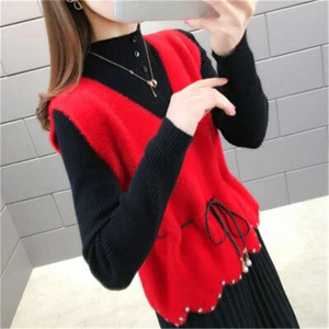 Damen Kunst-Mohair Weste Waistcoat Perlen Pullover Mit Bindegürtel Pullover - Bild 1 von 12