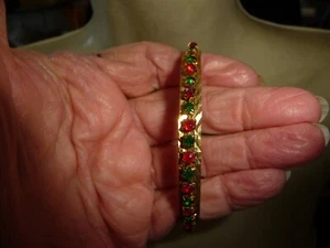 BANGLE GOLD TONE W RED & GREEN RHINESTONE  1/4''W  BRACELET #28/27 - Picture 1 of 4