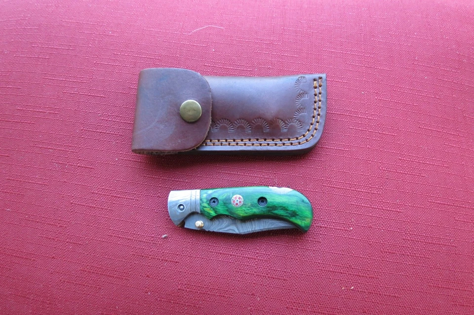 Красивый дамасский складной нож с лезвием зеленый Stocks кожаные ножны ручной работы - Изображение 1 из 4