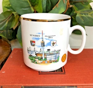 Taza de té de café de recuerdo Alemania Munchen Olympiaturm borde dorado - Imagen 1 de 7