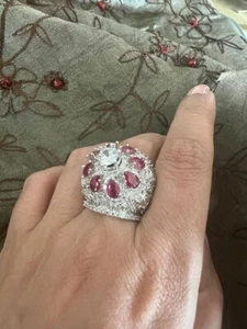 935 Silver With Simulated Pear Ruby & Round Sapphire Royal Style Dome Cuff Ring - Picture 1 of 9