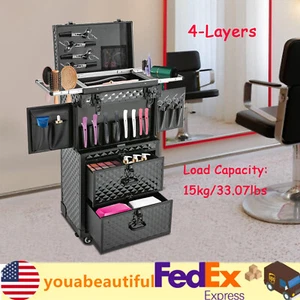 4-in-1 Pro Aluminum Rolling Makeup Case Salon Cosmetic Organizer Trolley Black - Picture 1 of 20