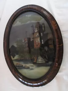 Antike Wand Holz konvex Glas umgekehrt bemalt Schloss an der Donau oval 22,75"t - Bild 1 von 20