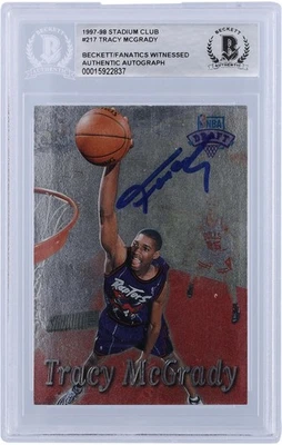 Tarjeta de novato Beckett firmada por Tracy McGrady Raptors 1997-98 Topps Stadium Club #217 Foto 1 de 3