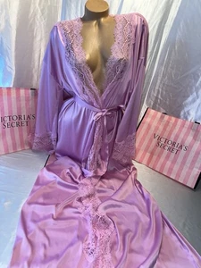 Victoria's Secret Satin Morgenmantel Kleid volle Länge Wimpern Spitze wunderschön M/L - Bild 1 von 5