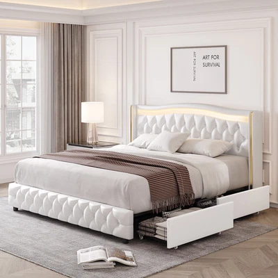 Marco De Cama King Size Plataforma Tapizada en PU Piel Cama Cabecera LED Blanco Foto 1 de 4