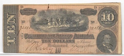 T-68 1864 $10 Confederate Currency Real Civil War Money CSA Note Very Fine 72081 - Image 1 of 2