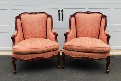 Pair of Century Furniture French Bergère Style Mahogany Wingback Chairs - Image 1 of 4