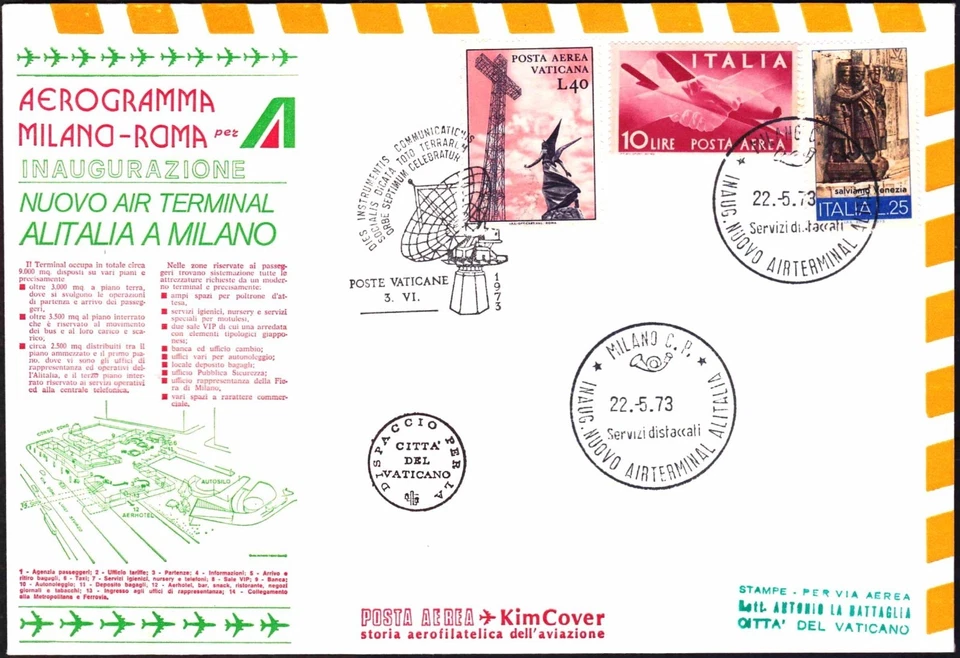 ITALY 1973-5-22 New Airport Terminal Completed,Milan,Mail to Vatican,Radar PMK - Image 1 of 1