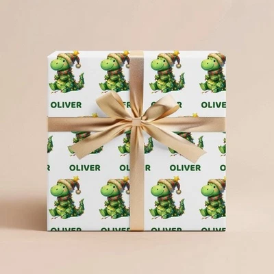 Personalized Dinosaur Christmas Wrapping Paper Roll, Custom Name Gift Wrap - Image 1 of 4