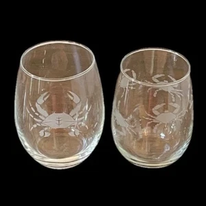 Maryland Crab Etched Stemless Wine Glasses Chesapeake Set His & Hers 20 oz 16 oz - Picture 1 of 16