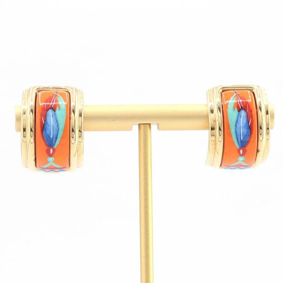 Hermes Earrings Emaille Orange and Gold Metal  Feathers Women's Pre-owned  - Image 1 of 4
