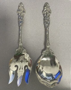 Antique Reed and Barton sterling pr silver salad servers 'Les Six Fleurs' c1901 - Picture 1 of 9