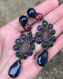 Verified SCHREINER Huge 3.5” Filigree Blue Green Red Chandelier Earrings EXC!! - Picture 1 of 11