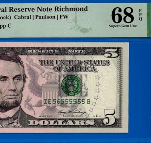 2006 $5 Federal Reserve Note PMG 68EPQ Top Pop Near Solid Serial Number 56555555 - Picture 1 of 4