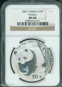 2001 SILVER PANDA 1 Oz. BULLION 10Y S10Y 10-Yuan 10-Yn CHINA NGC MS68 - Picture 1 of 2