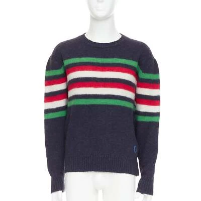 GUCCI Suéter Crew Azul Marino Verde Rojo Rayas Bordado Logo Foto 1 de 4