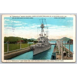 Postcard Vintage USS Pensacola New 10,000 Ton Light Cruiser in Miraflores Locks - Picture 1 of 2